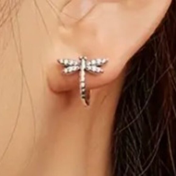 S925 Silver Hypoallergenic Earrings Dragonfly Pattern Shiny Zirconia Inlaid Hoop - Picture 3 of 11